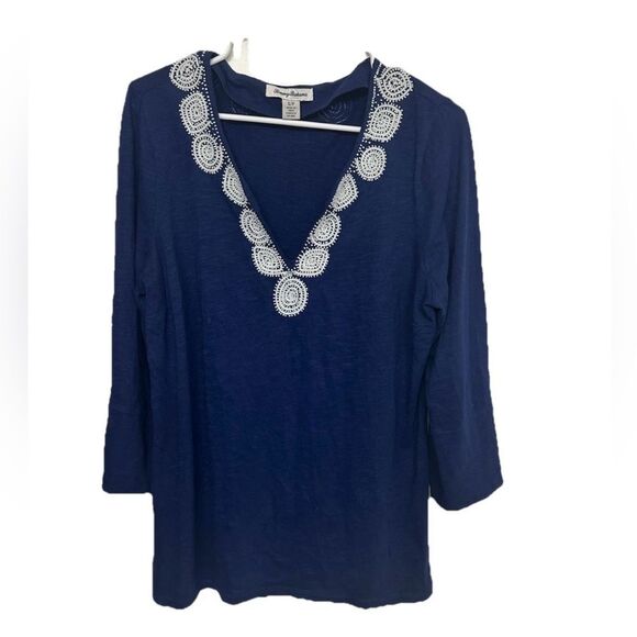 Tommy Bahama Navy Tunic Top Beaded Embroidery Small Petite | Send Offer - Picture 1 of 2
